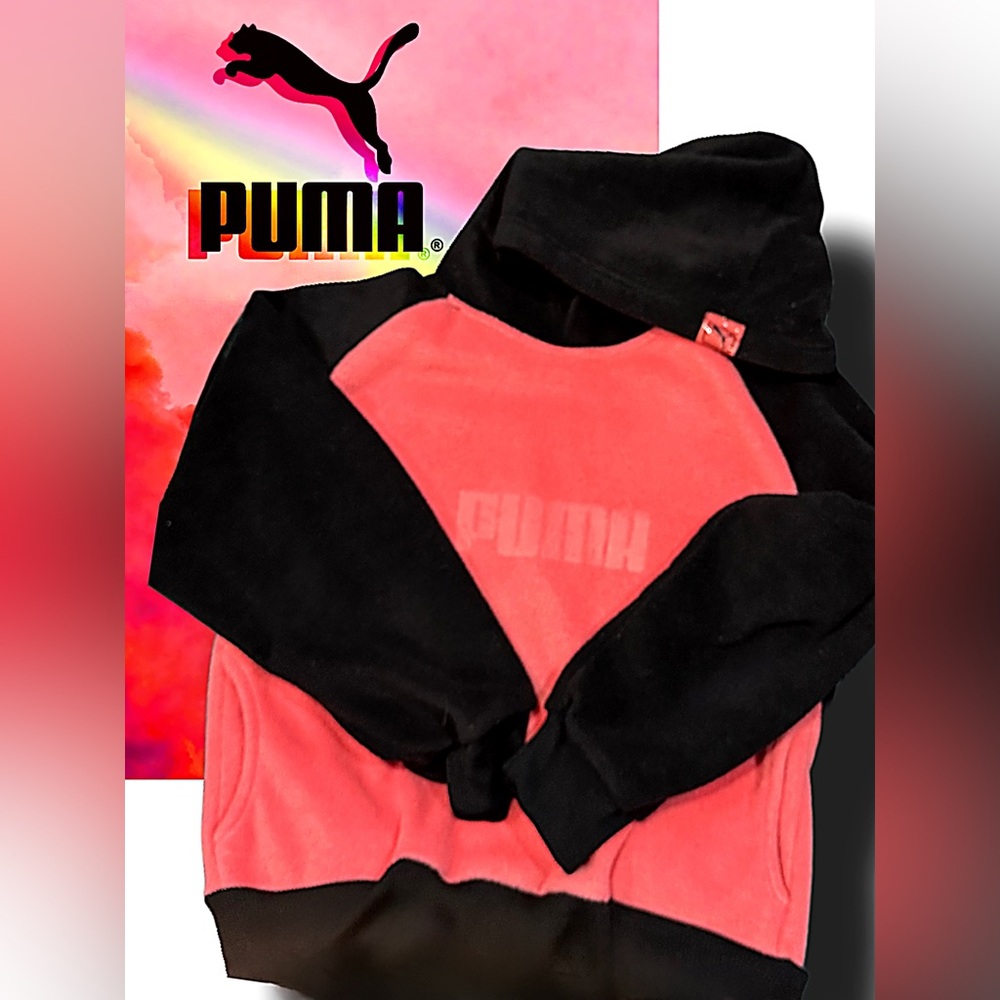 Puma Youth Hoodie Sweatshirt Pink Black Fleece Size M 10–12